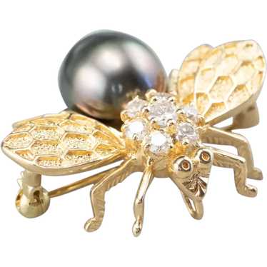 Diamond and Black Cultured Pearl Bumblebee Pin or 