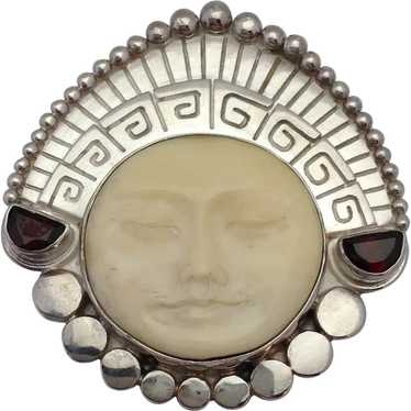 Sajen Aztec Face with Headdress Pin Sterling Garn… - image 1