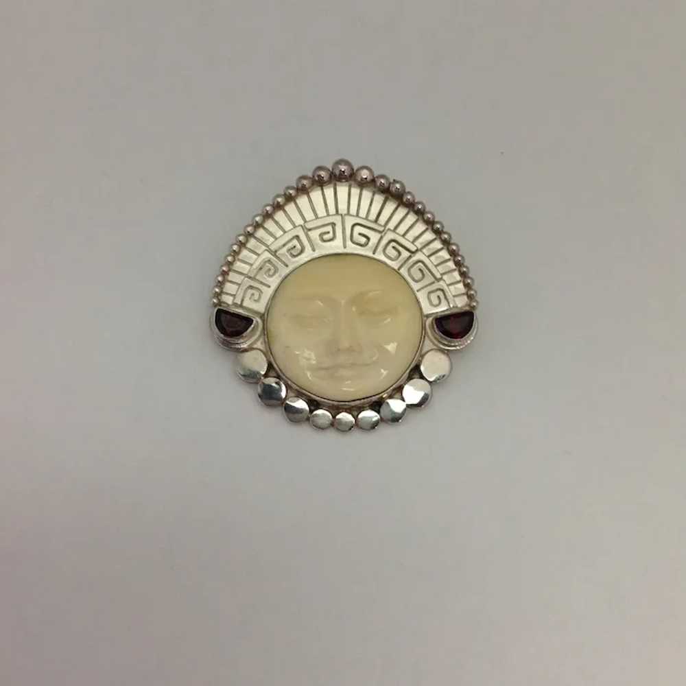 Sajen Aztec Face with Headdress Pin Sterling Garn… - image 2