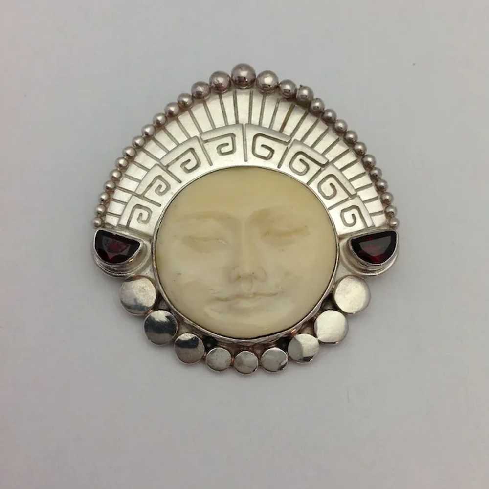 Sajen Aztec Face with Headdress Pin Sterling Garn… - image 4