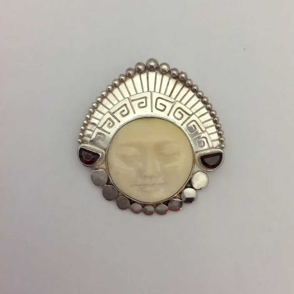 Sajen Aztec Face with Headdress Pin Sterling Garn… - image 5