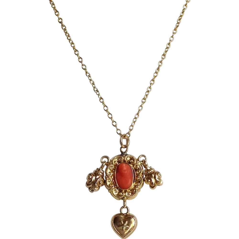 Victorian Coral Pendant with Chain Necklace 14 Ka… - image 1