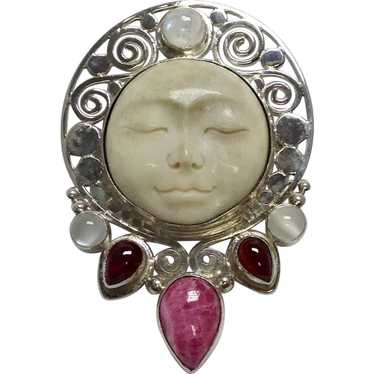 Sajen Moon Face Pin or Pendant with Rhodochrosite… - image 1