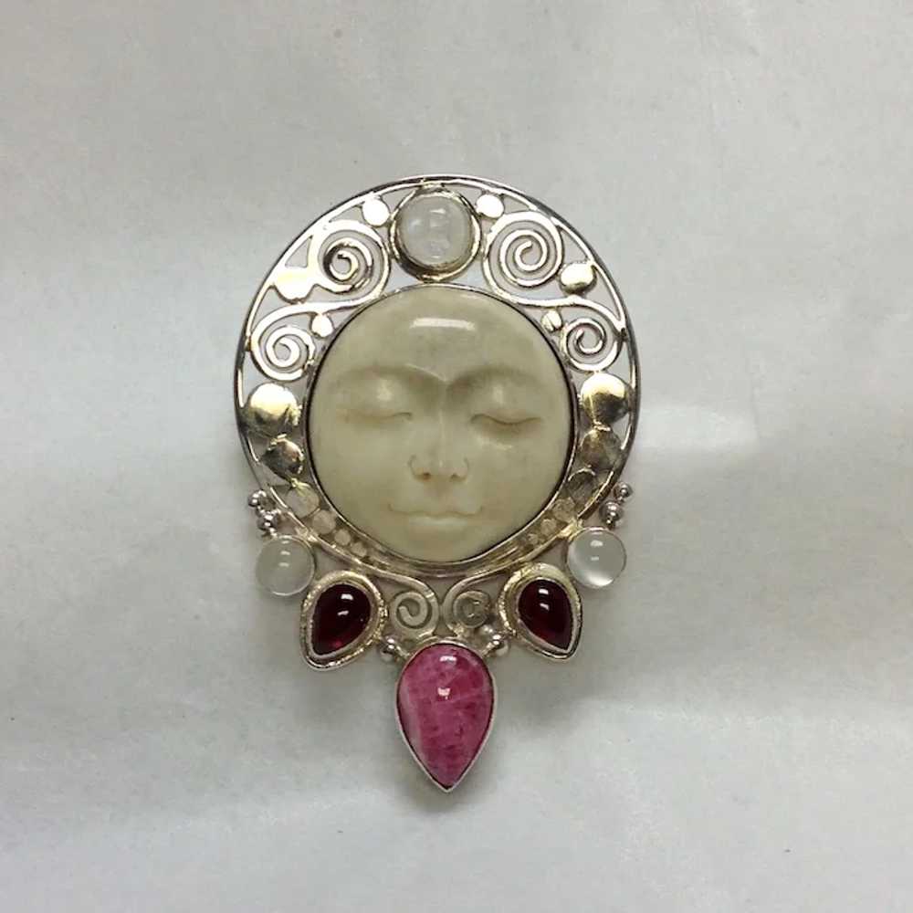 Sajen Moon Face Pin or Pendant with Rhodochrosite… - image 2