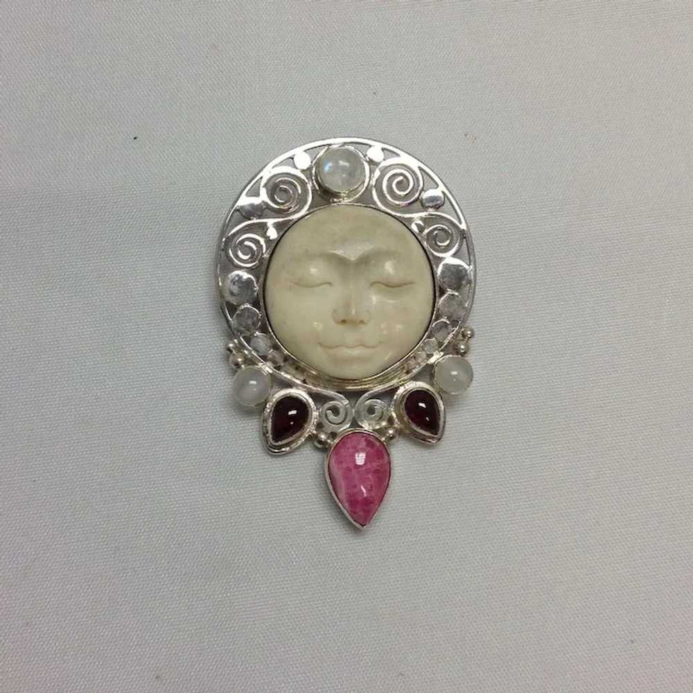 Sajen Moon Face Pin or Pendant with Rhodochrosite… - image 3