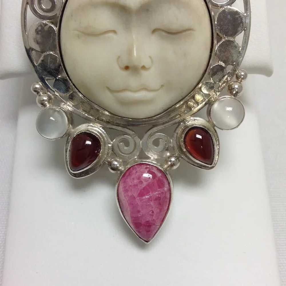 Sajen Moon Face Pin or Pendant with Rhodochrosite… - image 4