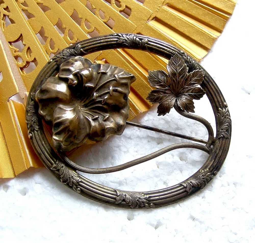 Art Nouveau brooch moulded brass leaf shapes - image 10