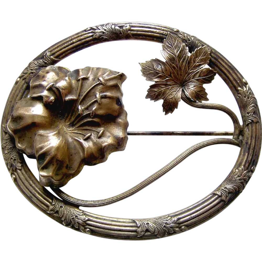 Art Nouveau brooch moulded brass leaf shapes - image 1