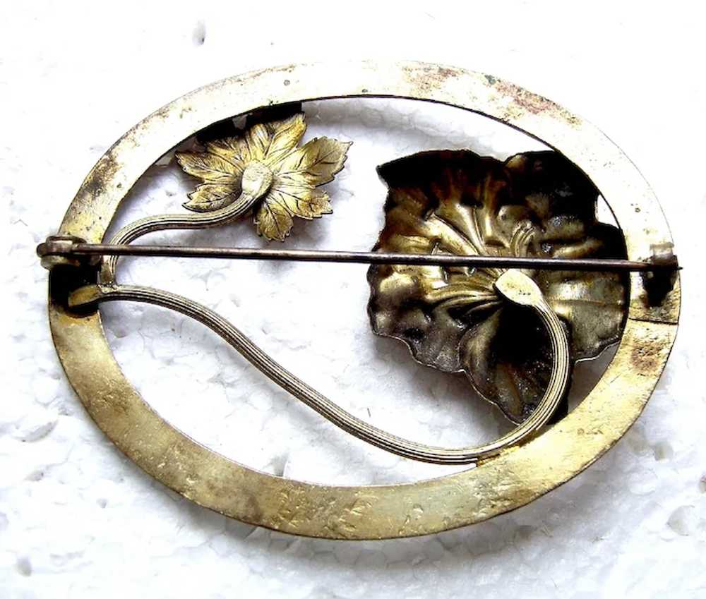 Art Nouveau brooch moulded brass leaf shapes - image 2