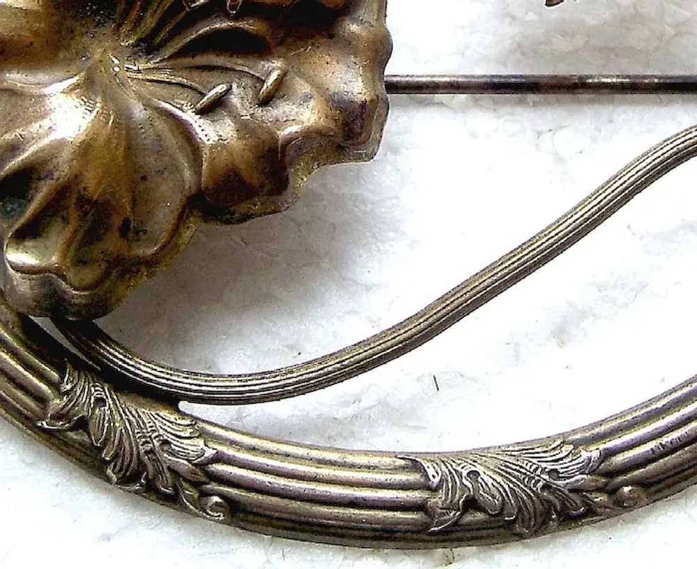 Art Nouveau brooch moulded brass leaf shapes - image 3