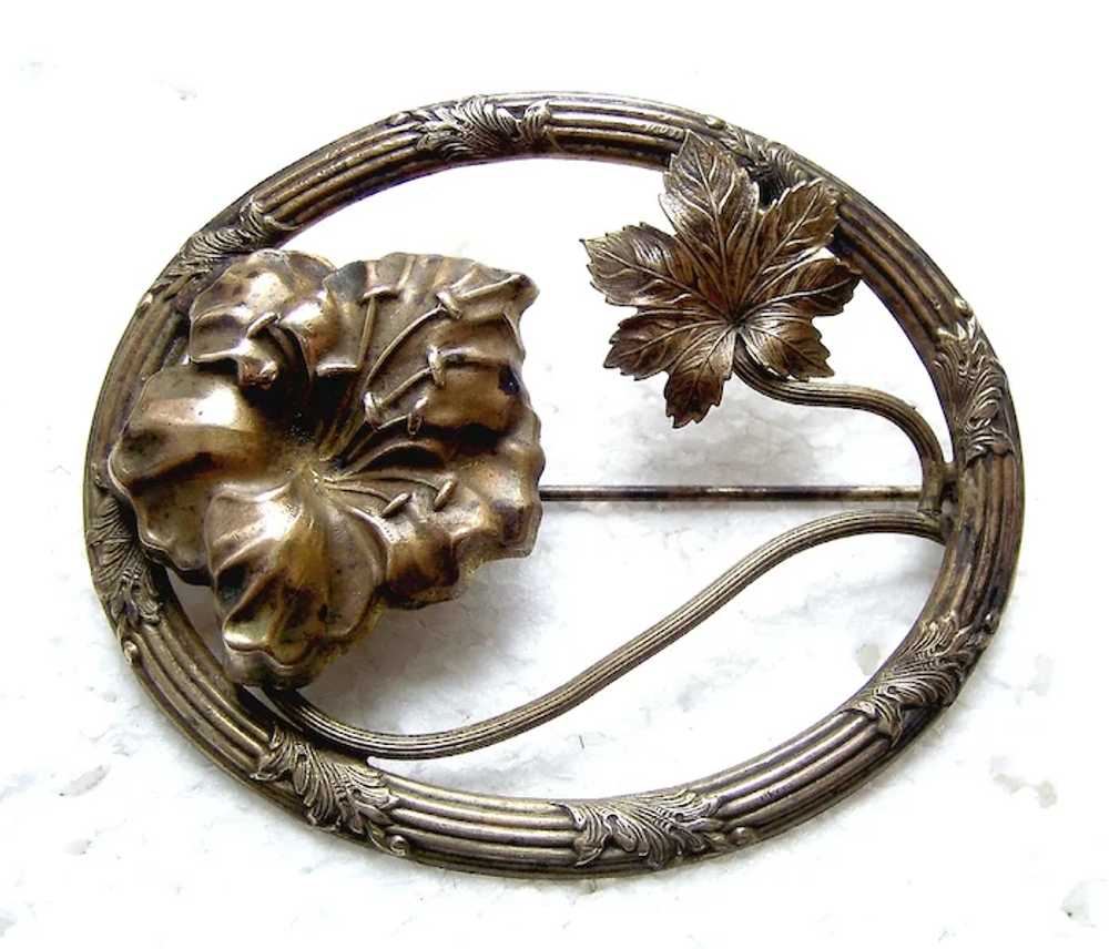 Art Nouveau brooch moulded brass leaf shapes - image 6