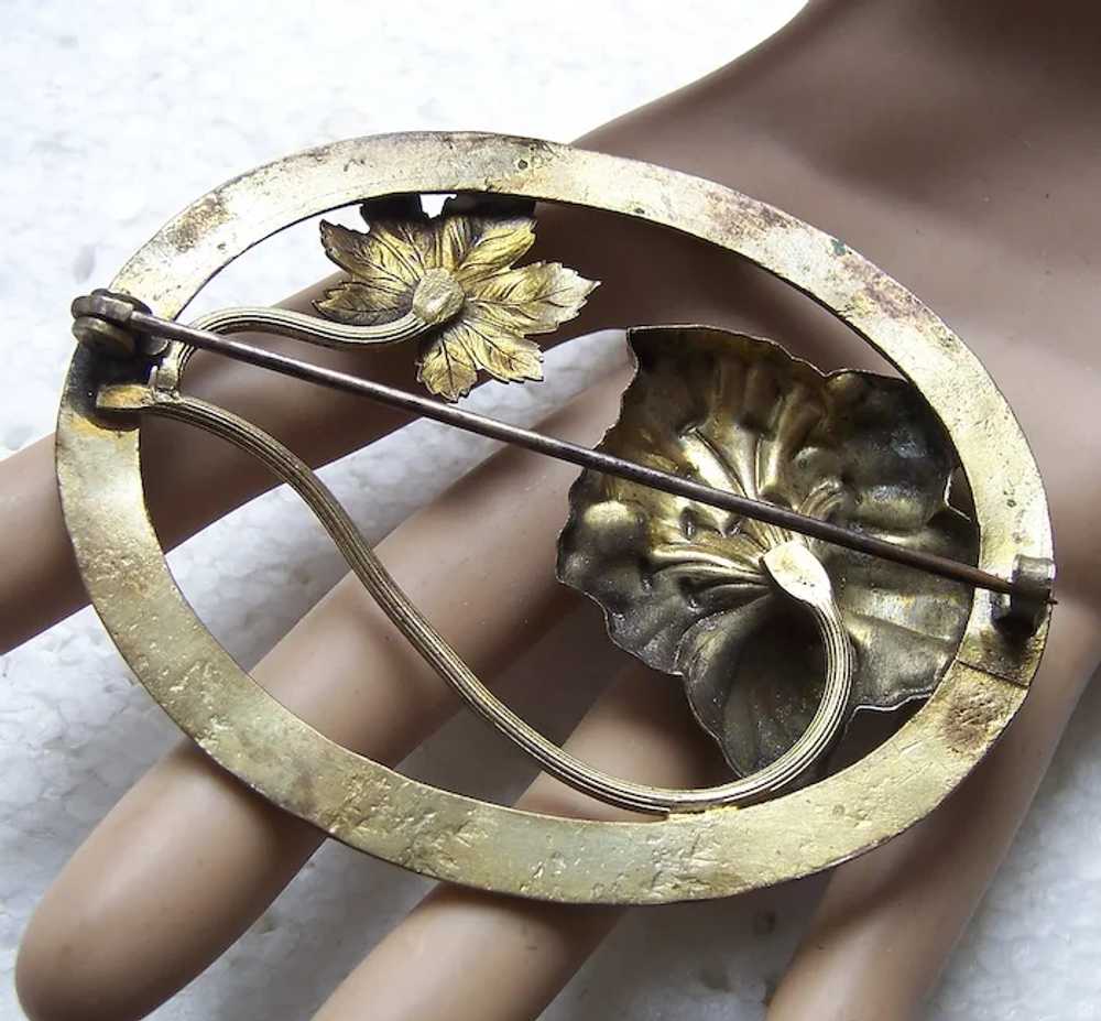 Art Nouveau brooch moulded brass leaf shapes - image 7