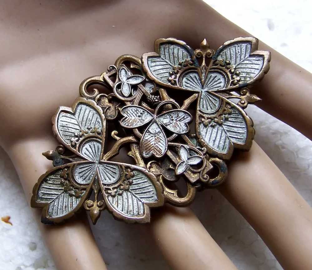 Art Nouveau buckle moulded brass enamelled leaf a… - image 10