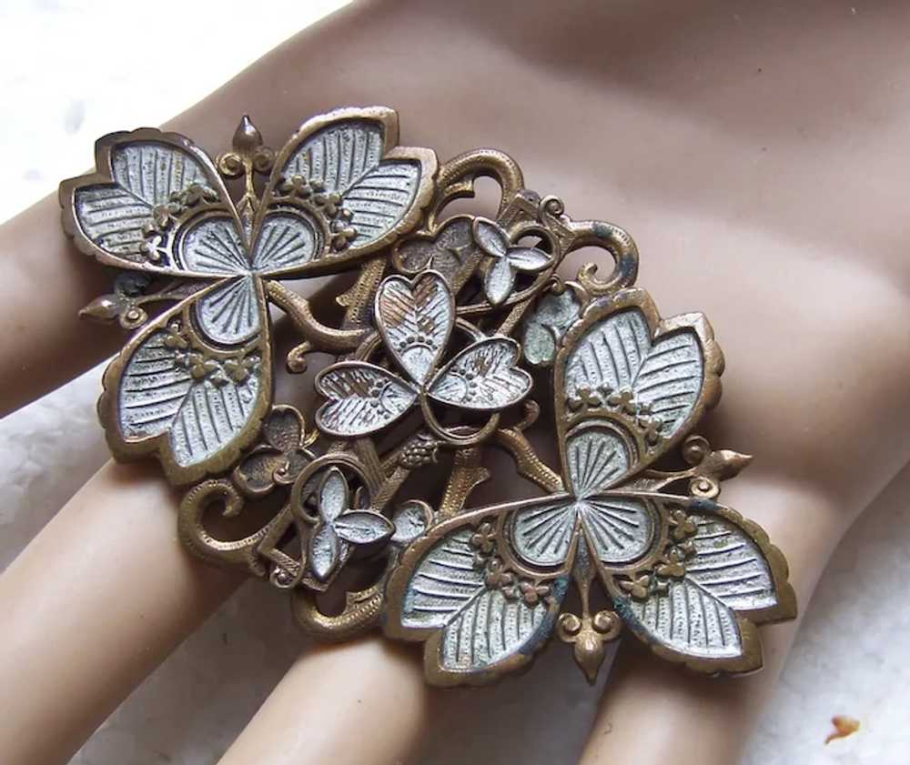 Art Nouveau buckle moulded brass enamelled leaf a… - image 12
