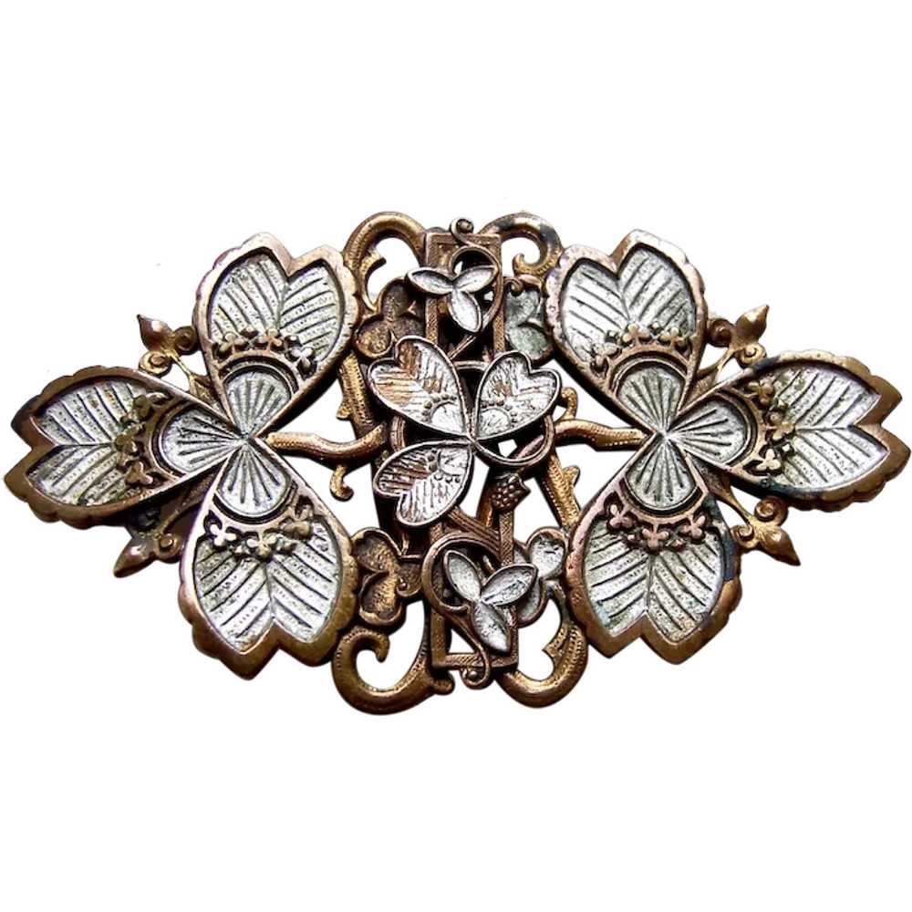Art Nouveau buckle moulded brass enamelled leaf a… - image 1