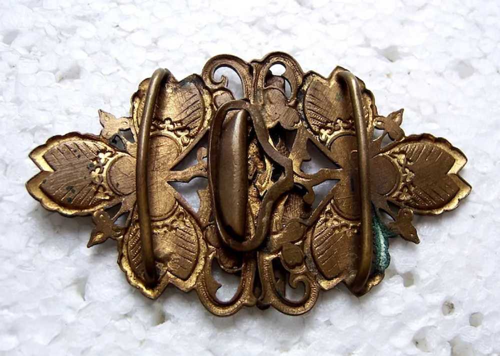 Art Nouveau buckle moulded brass enamelled leaf a… - image 2