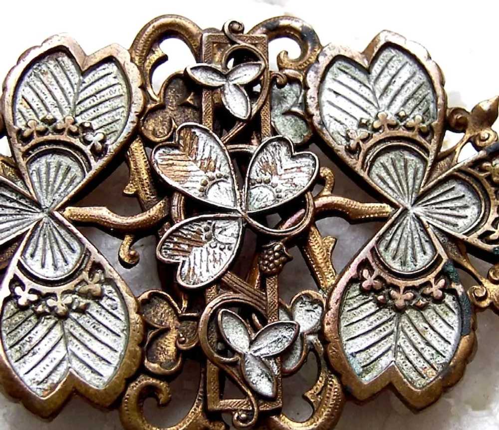 Art Nouveau buckle moulded brass enamelled leaf a… - image 3