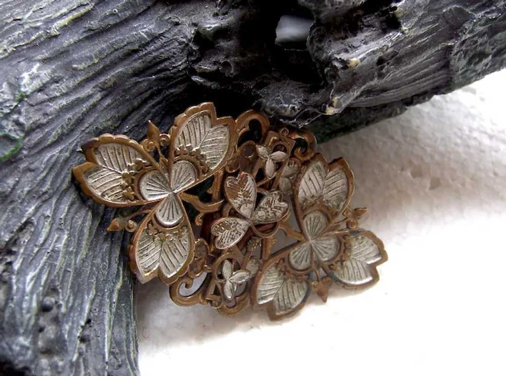 Art Nouveau buckle moulded brass enamelled leaf a… - image 7
