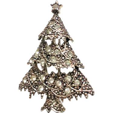 Glittery Signed Rhinestone Christmas Tree  Pin