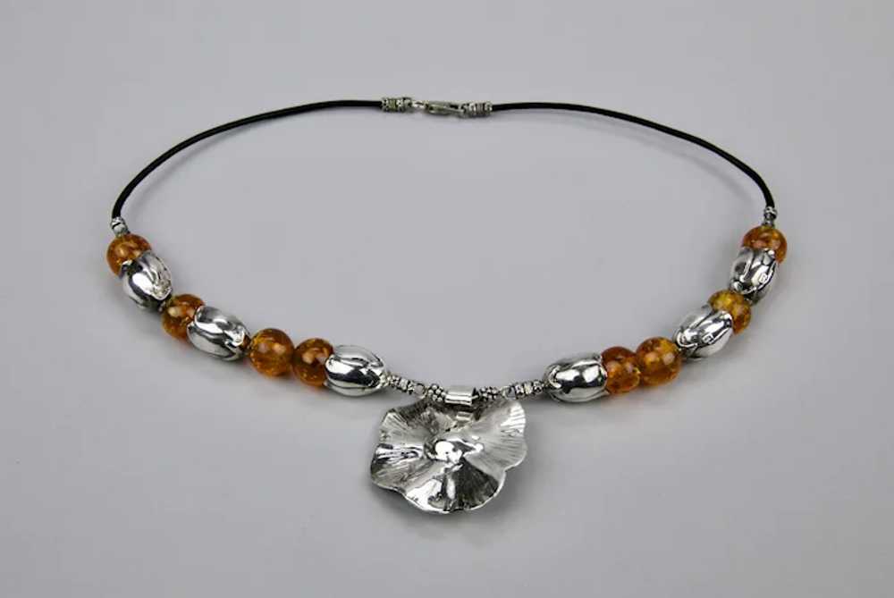 Sterling Silver Honey Amber Beaded Necklace Flora… - image 10