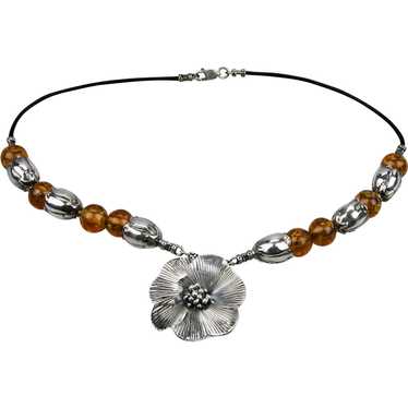 Sterling Silver Honey Amber Beaded Necklace Flora… - image 1