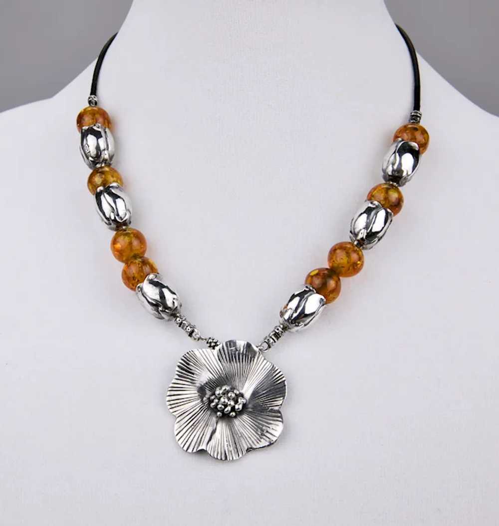 Sterling Silver Honey Amber Beaded Necklace Flora… - image 2