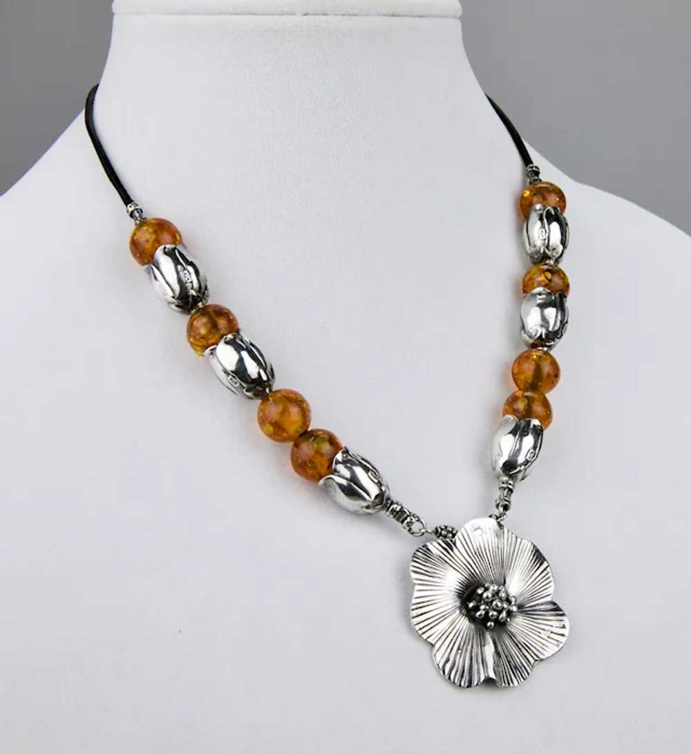 Sterling Silver Honey Amber Beaded Necklace Flora… - image 3