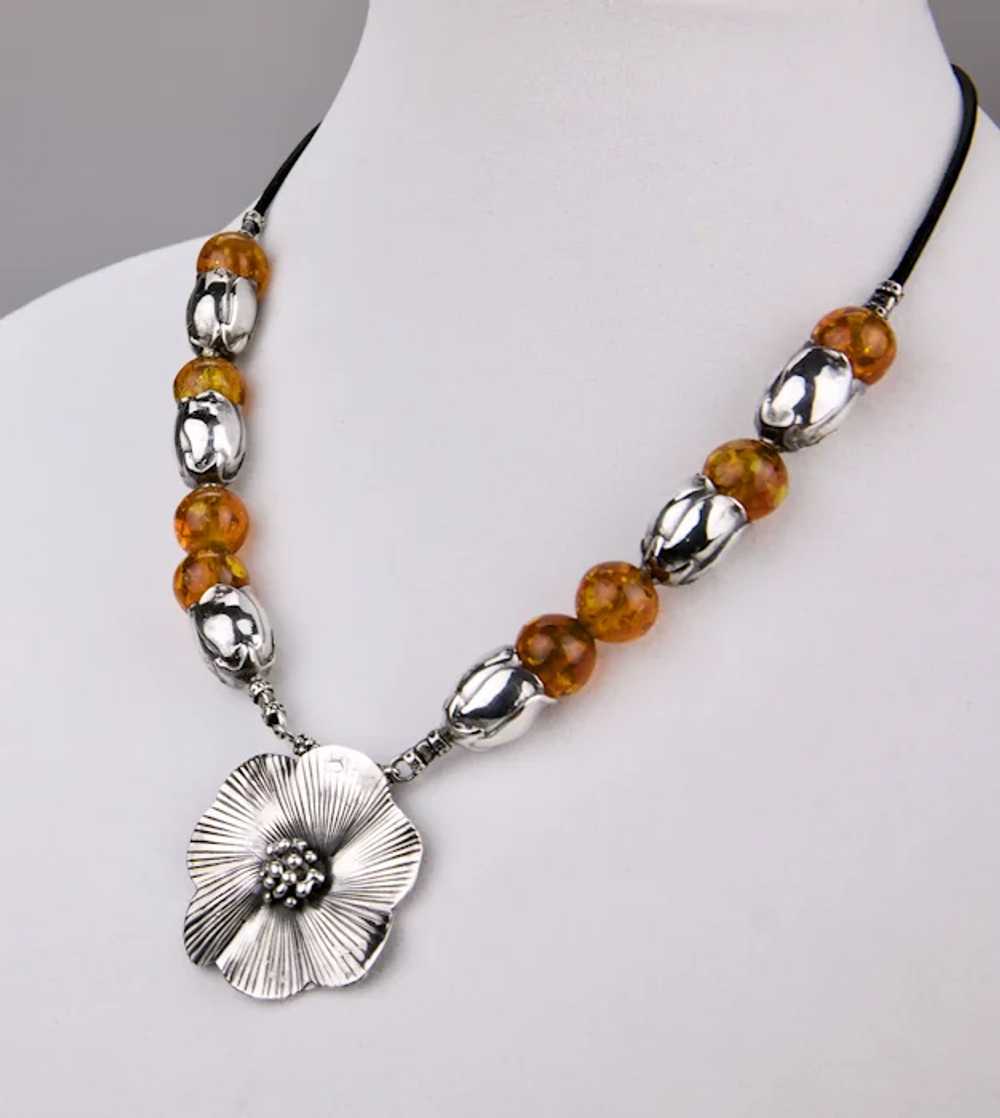 Sterling Silver Honey Amber Beaded Necklace Flora… - image 4