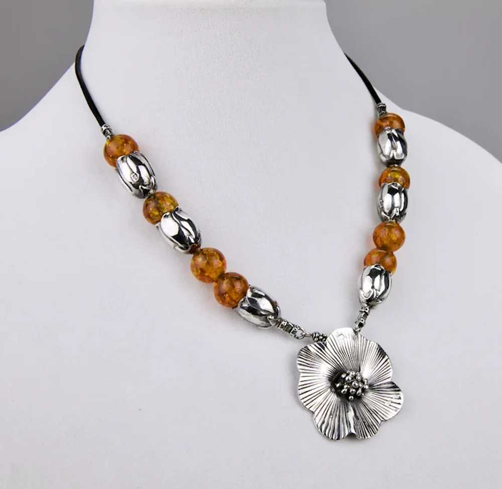 Sterling Silver Honey Amber Beaded Necklace Flora… - image 5