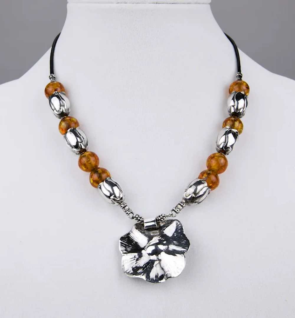 Sterling Silver Honey Amber Beaded Necklace Flora… - image 6