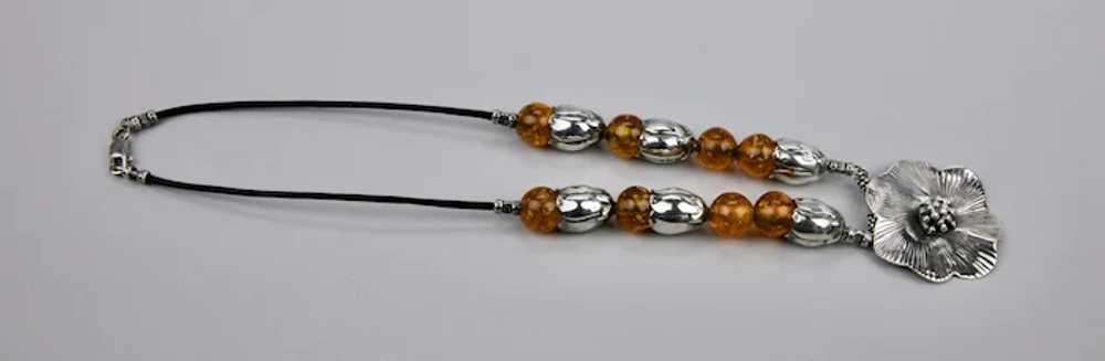 Sterling Silver Honey Amber Beaded Necklace Flora… - image 7
