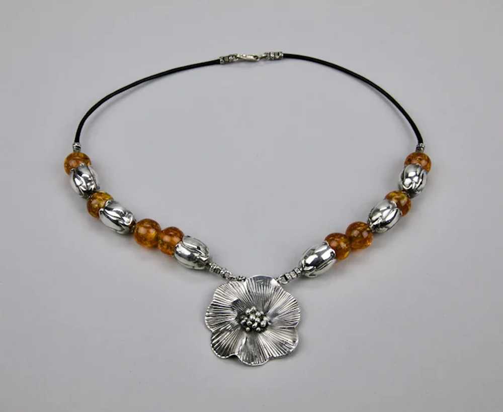 Sterling Silver Honey Amber Beaded Necklace Flora… - image 9