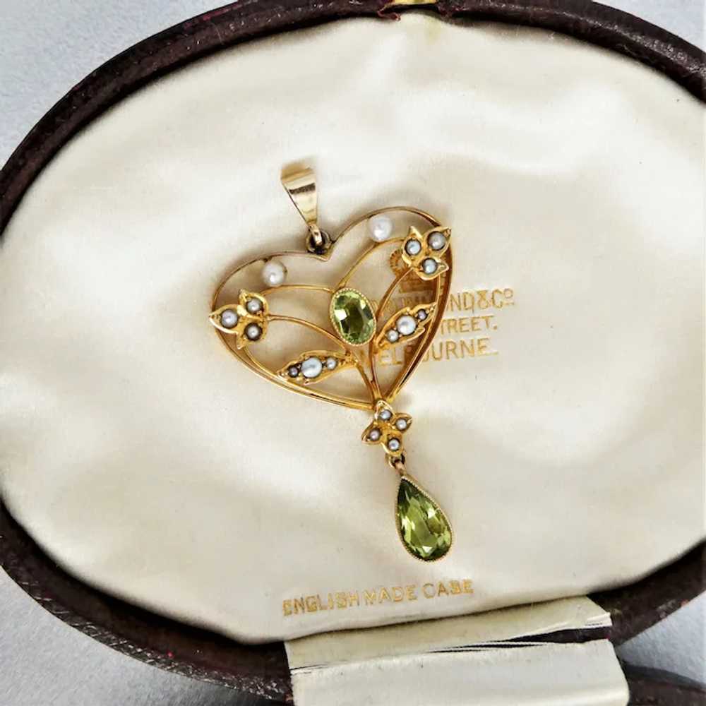 Antique Art Nouveau 9ct Gold Peridot And Pearl Heart Pe… Gem