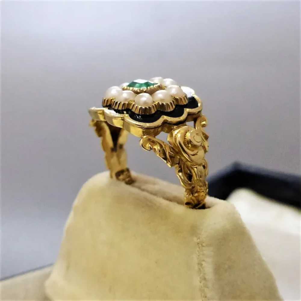 Georgian 18k Gold Emerald, Pearl & Black Enamel M… - image 11