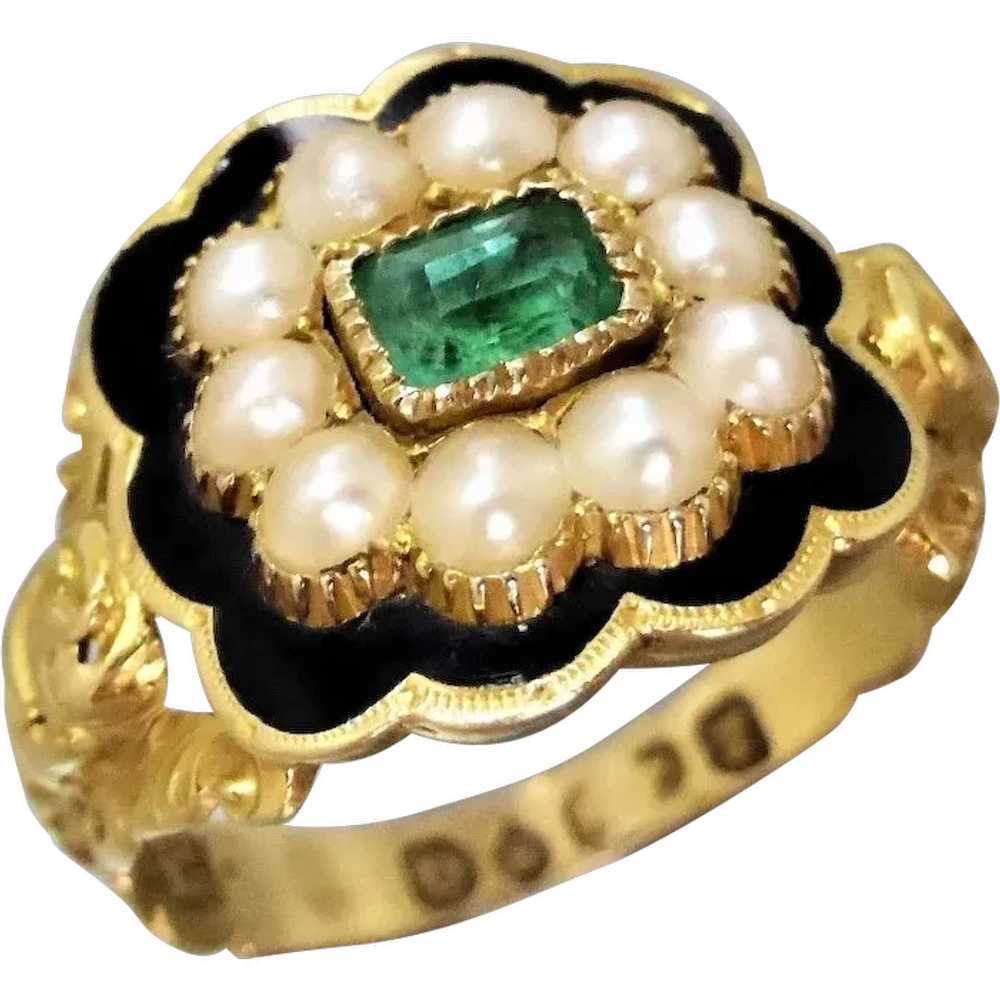 Georgian 18k Gold Emerald, Pearl & Black Enamel M… - image 1