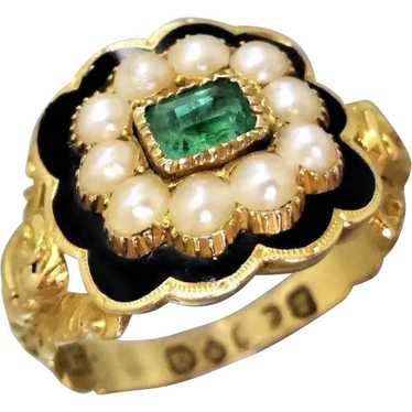 Georgian 18k Gold Emerald, Pearl & Black Enamel M… - image 1