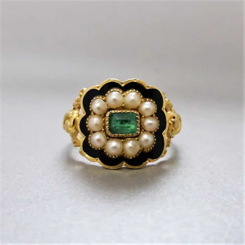 Georgian 18k Gold Emerald, Pearl & Black Enamel M… - image 2