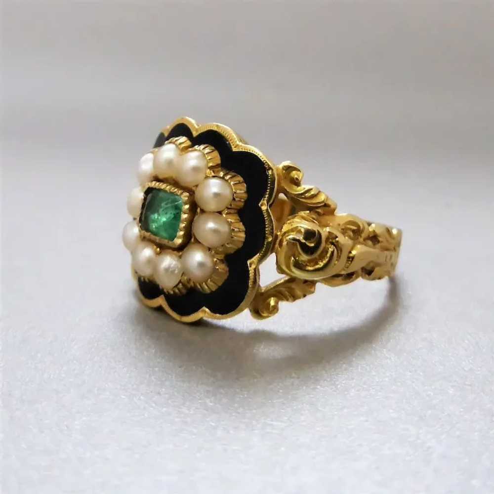 Georgian 18k Gold Emerald, Pearl & Black Enamel M… - image 3