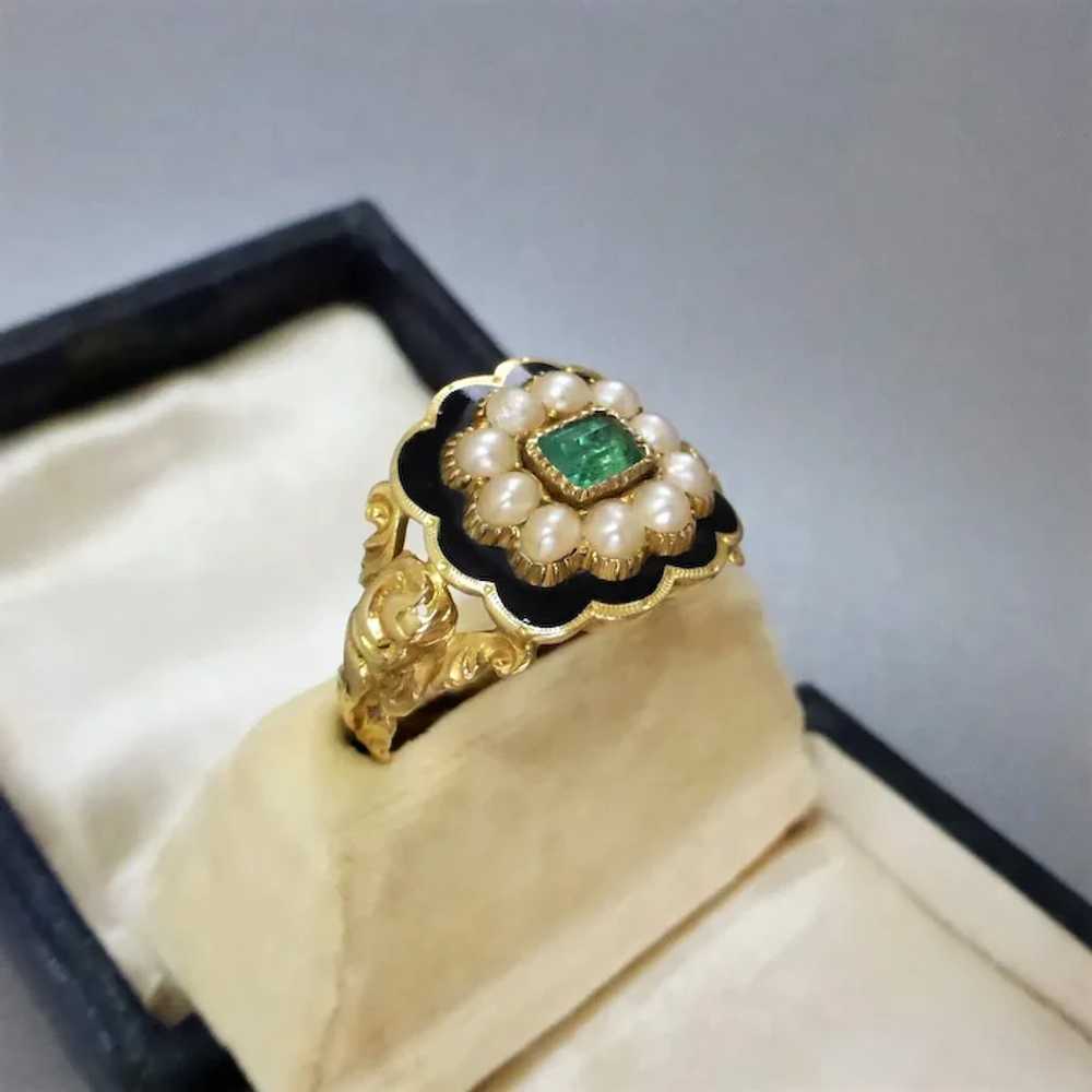 Georgian 18k Gold Emerald, Pearl & Black Enamel M… - image 6