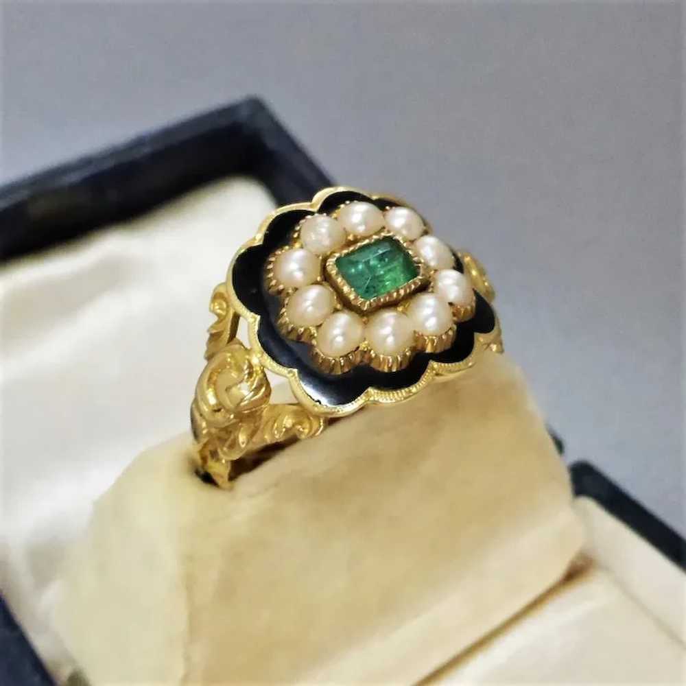 Georgian 18k Gold Emerald, Pearl & Black Enamel M… - image 7