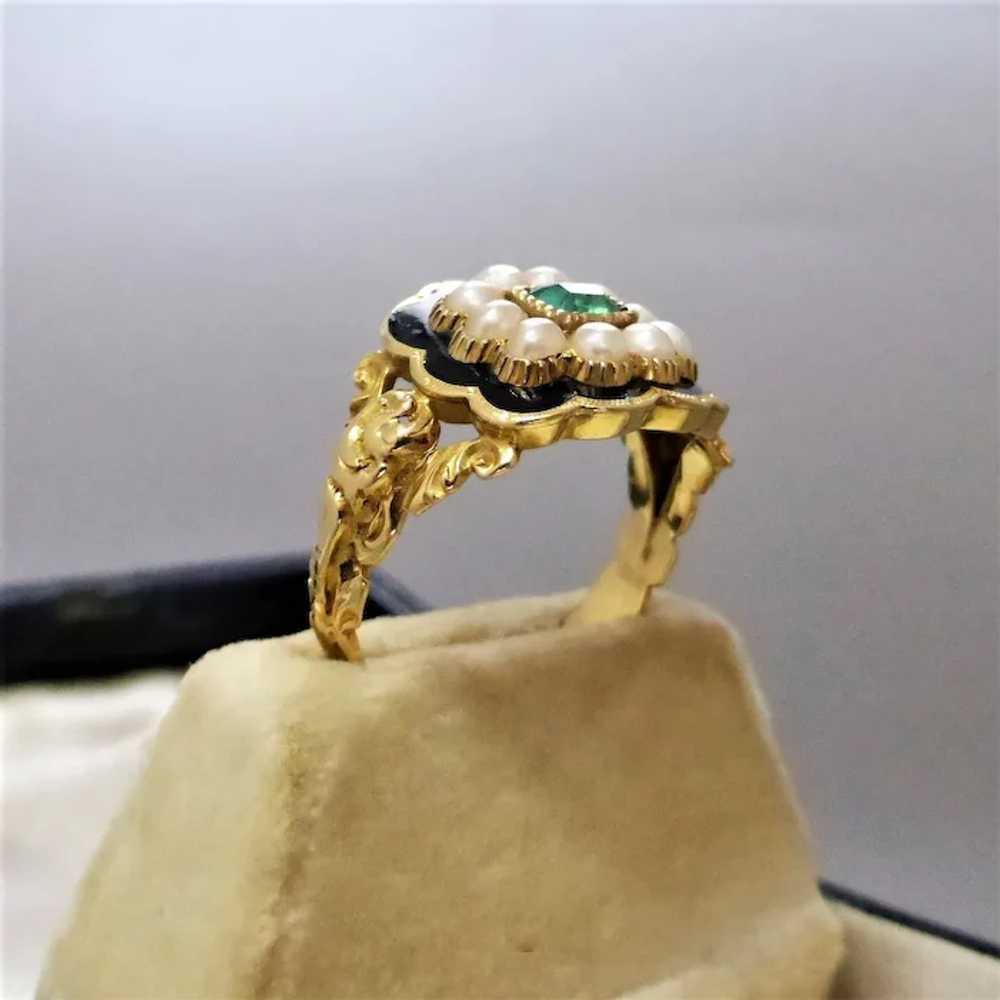 Georgian 18k Gold Emerald, Pearl & Black Enamel M… - image 9