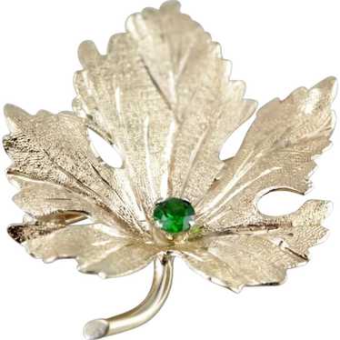 14 Karat Gold Leaf Brooch with Demantoid Garnet C… - image 1