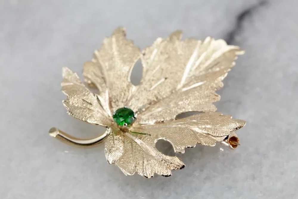 14 Karat Gold Leaf Brooch with Demantoid Garnet C… - image 2