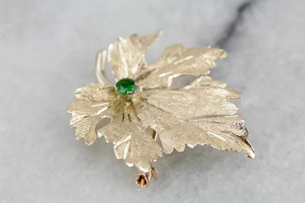 14 Karat Gold Leaf Brooch with Demantoid Garnet C… - image 3