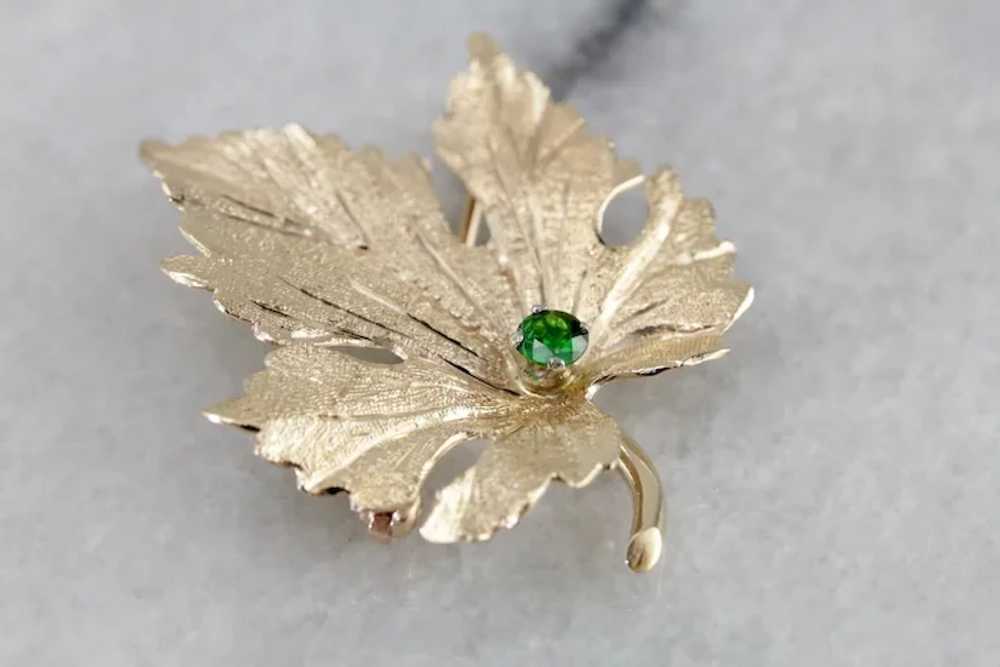 14 Karat Gold Leaf Brooch with Demantoid Garnet C… - image 4