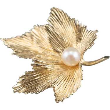 Vintage Cultured Pearl Grape Leaf Brooch - image 1