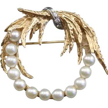 Mid-Century Cultured Pearl and Diamond Brooch - image 1