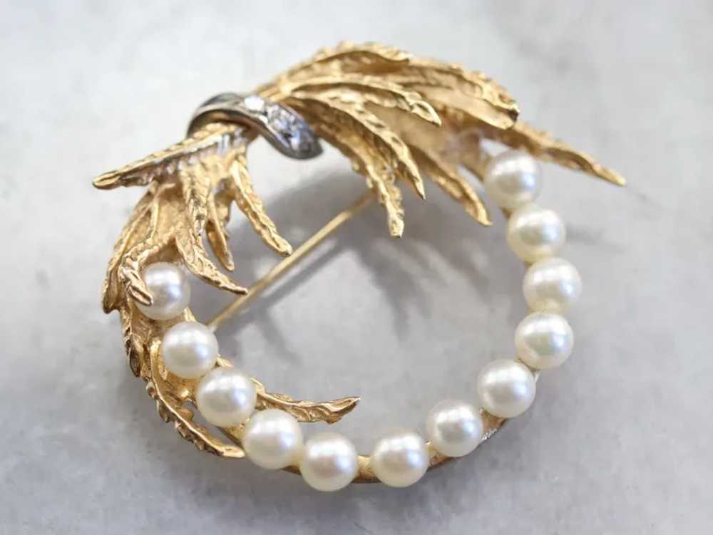 Mid-Century Cultured Pearl and Diamond Brooch - image 2