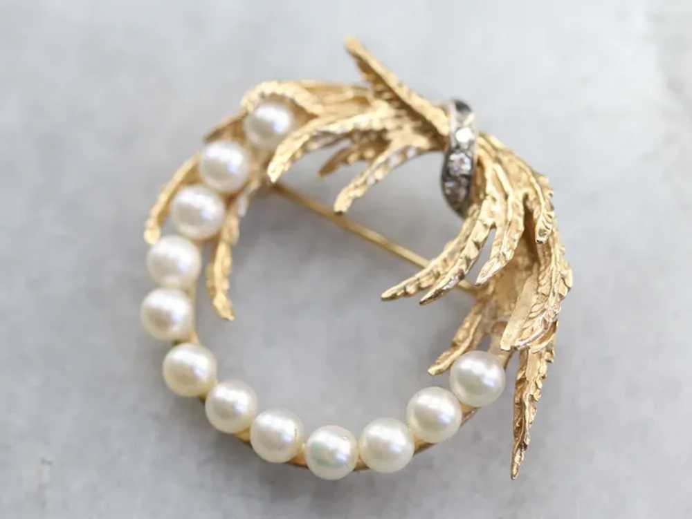 Mid-Century Cultured Pearl and Diamond Brooch - image 3