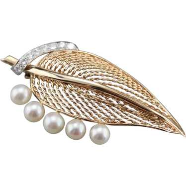 Mid-Century Diamond and Cultured Pearl Leaf Brooch - image 1